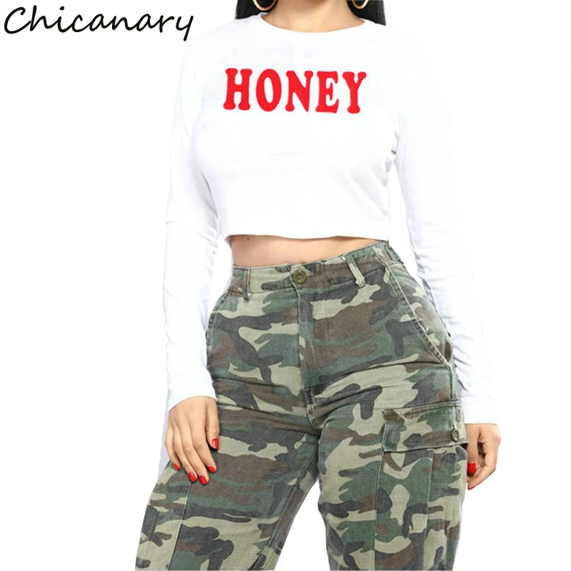 Chicanary 2018 HONEY Crop Top Femme Long Sleeve Tshirt Women Shirt Tops Casual Harajuku Cropped Tumblr White Black | Женская одежда