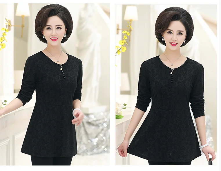 Spring New Middle-Aged Women Tops& Tees O-Neck Fashion Print Thickening Long T Shirt Women T363 - Цвет: Черный