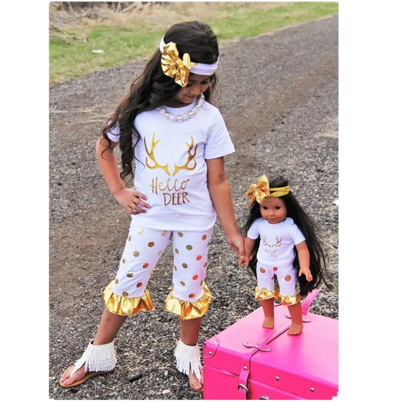 Новинка 2017 комплект одежды hello Deer в золотистый горошек для новорожденных малышей