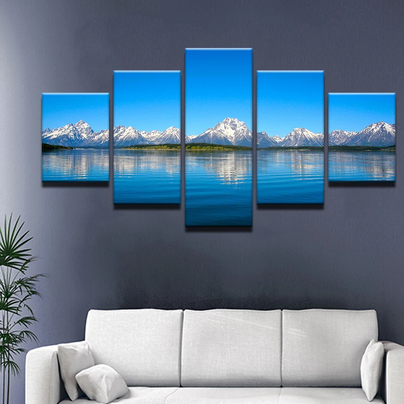 5 панелей синее небо озеро и заснеженные горы печать на холсте для гостиной