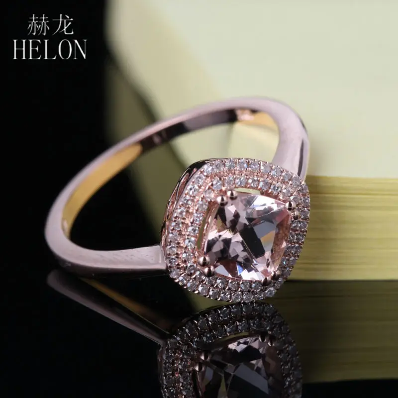 HELON романтические Diamonds Кольцо Твердые 14 К розовое золото ювелирные изделия Подушка морганит Обручение обручальное кольцо для Для женщин подарок Fine Jewelry