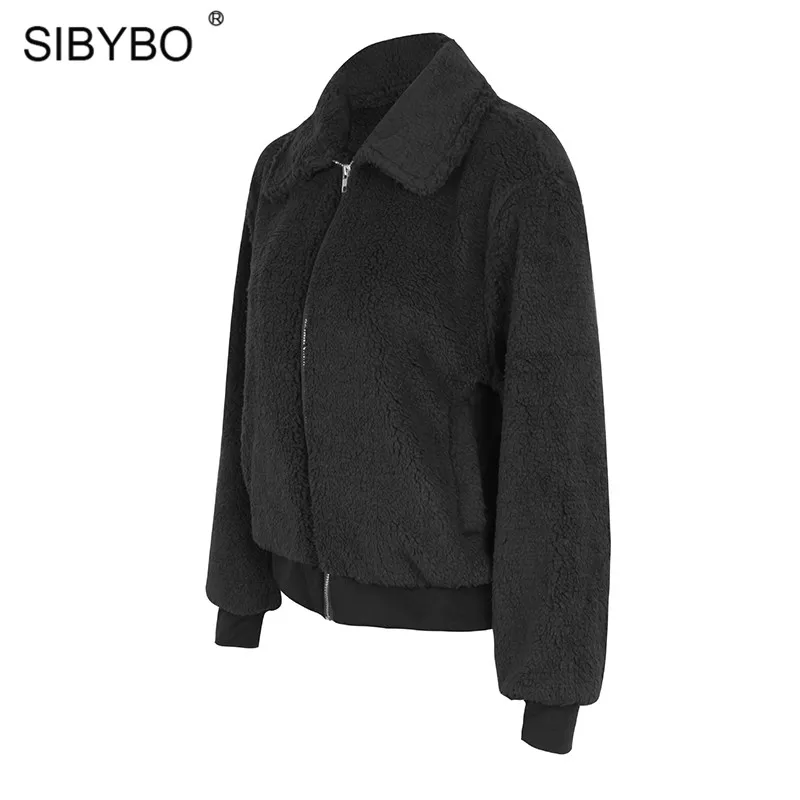 SIBYBO плюшевый уютный теплый зимний женский жакет с длинным рукавом и карманами, приталенные женские пальто и куртки, одноцветные повседневные осенние женские топы