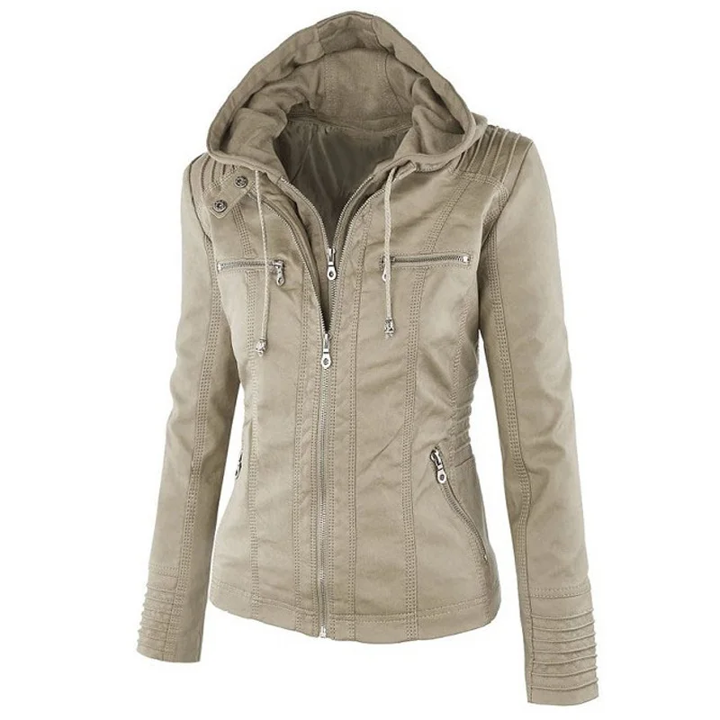 Apricot AYPOQ XS-7XL женская кожаная куртка женские толстовки топы на молнии с длинным рукавом Повседневные весенние осенние черные искусственная короткая куртка женская верхняя одежда - Цвет: Apricot