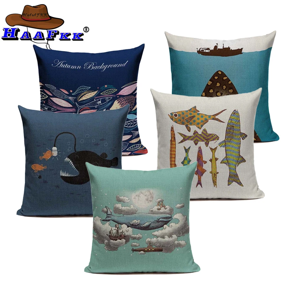Модный чехол для подушки в скандинавском стиле с голубыми рыбками морской