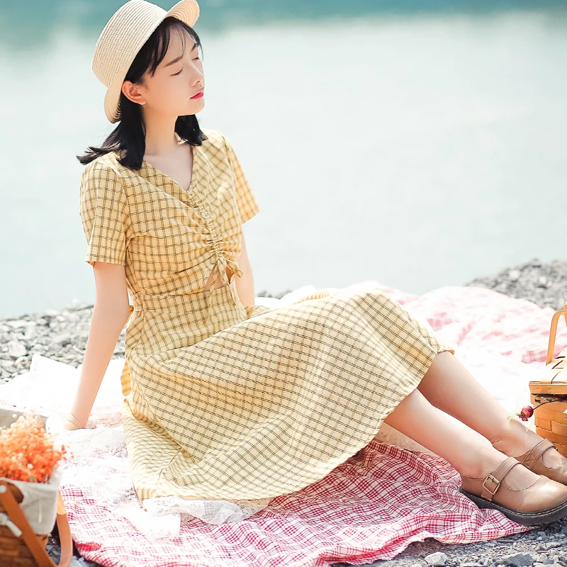 2019 женское японское Harajuku Ulzzang винтажное летнее желтое клетчатое пляжное длинное