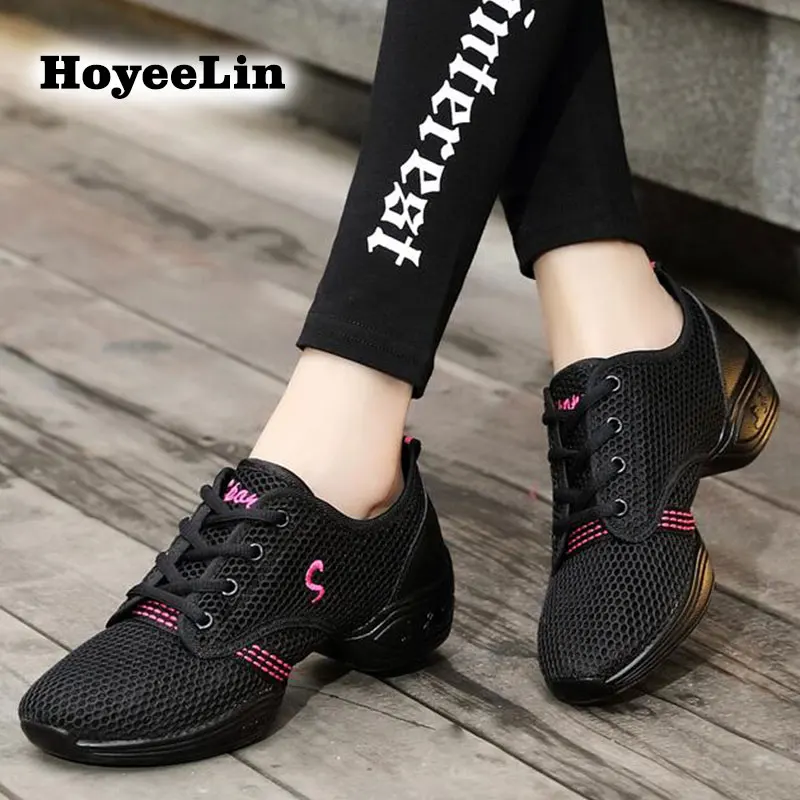 Black Rosy HoYeeLin/Обувь для джаза; женская дышащая обувь с сеткой; мягкая подошва; современные танцевальные кроссовки; легкая обувь для занятий танцами; обувь для фитнеса - Цвет: Black Rosy