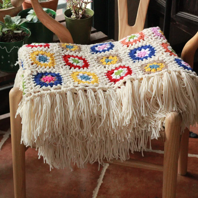 

hot sale DIY National fashion cushion Hand hooked fashion crochet blanket with tassels cushion felt pastoral style gift 40*40