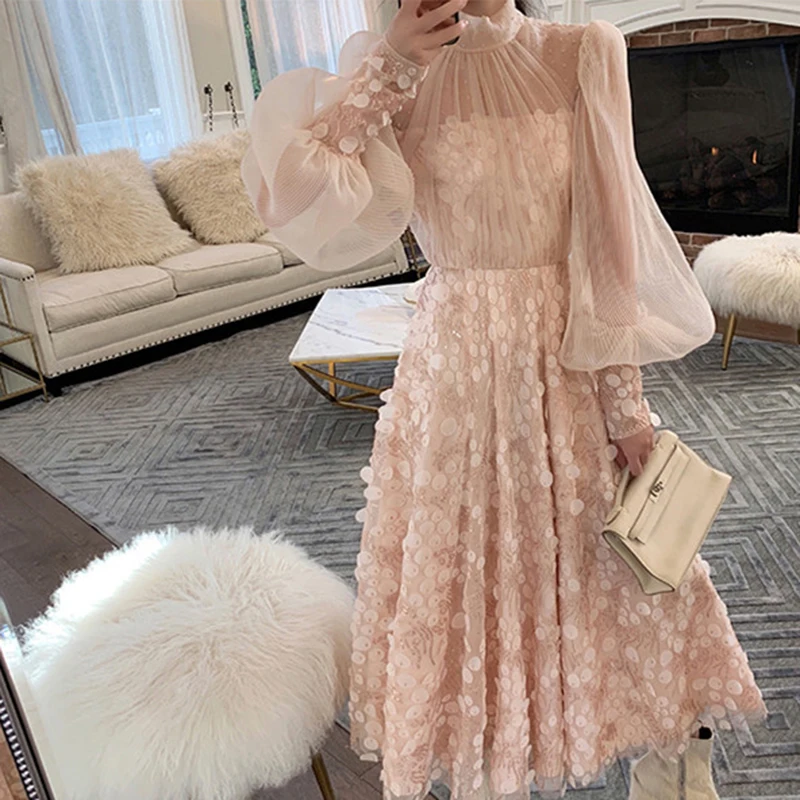 2019 новый воротник стойка посмотрите на дешевое Сетчатое длинное платье для