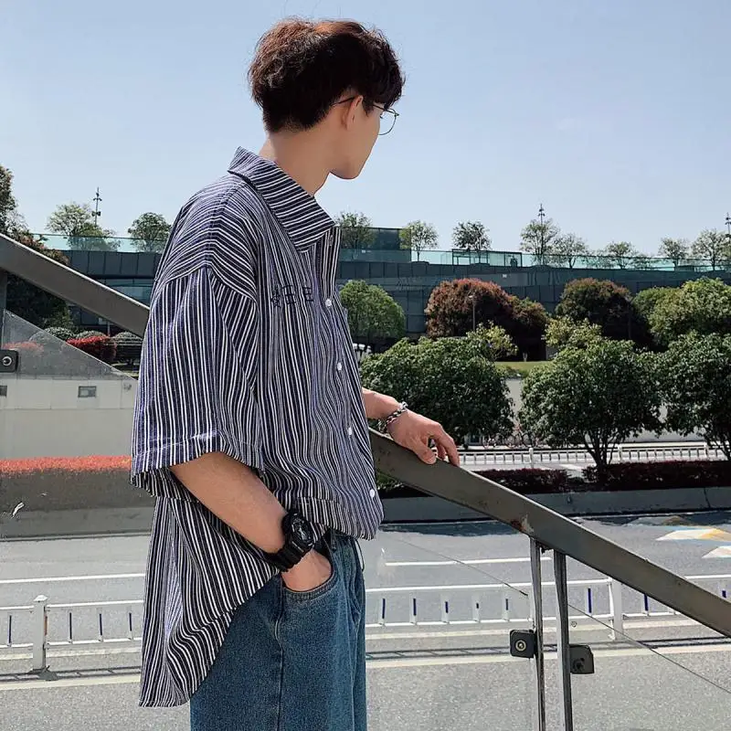 Полосатая рубашка куртка с коротким рукавом деревенская корейская мода красивая