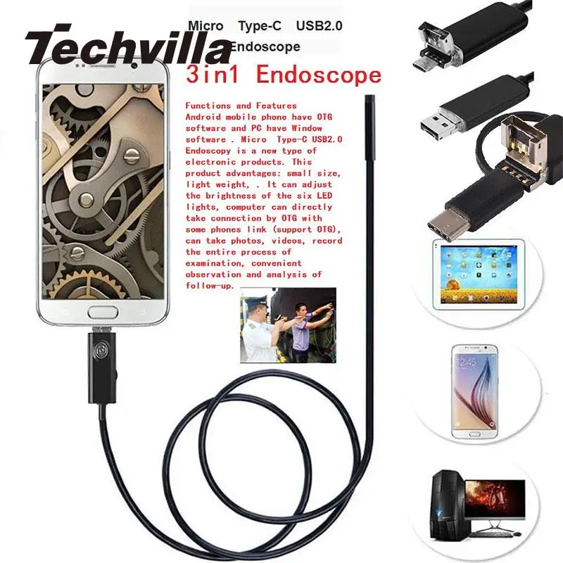 Techvilla USB Type-C 3 в 1 эндоскоп IP67 Водонепроницаемый инспекции мини Камера s Micro камера