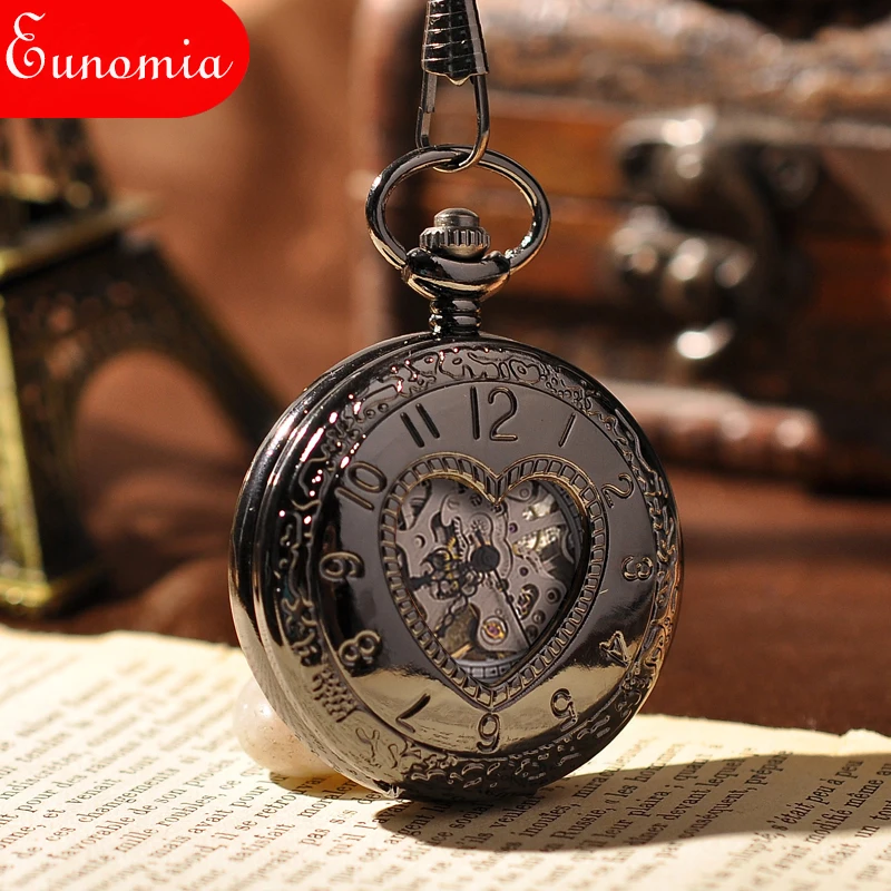Black Love Heart Vintage Skeleton Mechanical Pocket Watch With Key Chain Fashion Cool Steampunk Antique Sales Gift | Наручные часы