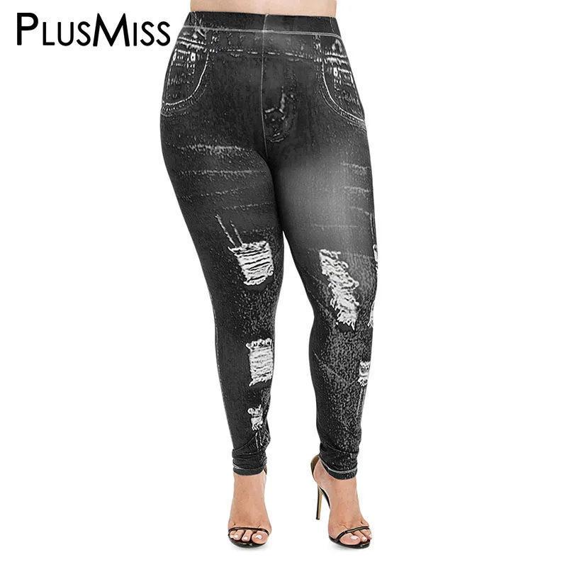 PlusMiss размера плюс 5XL пикантные эластичную искусственную 3D Джинсы Леггинсы Для