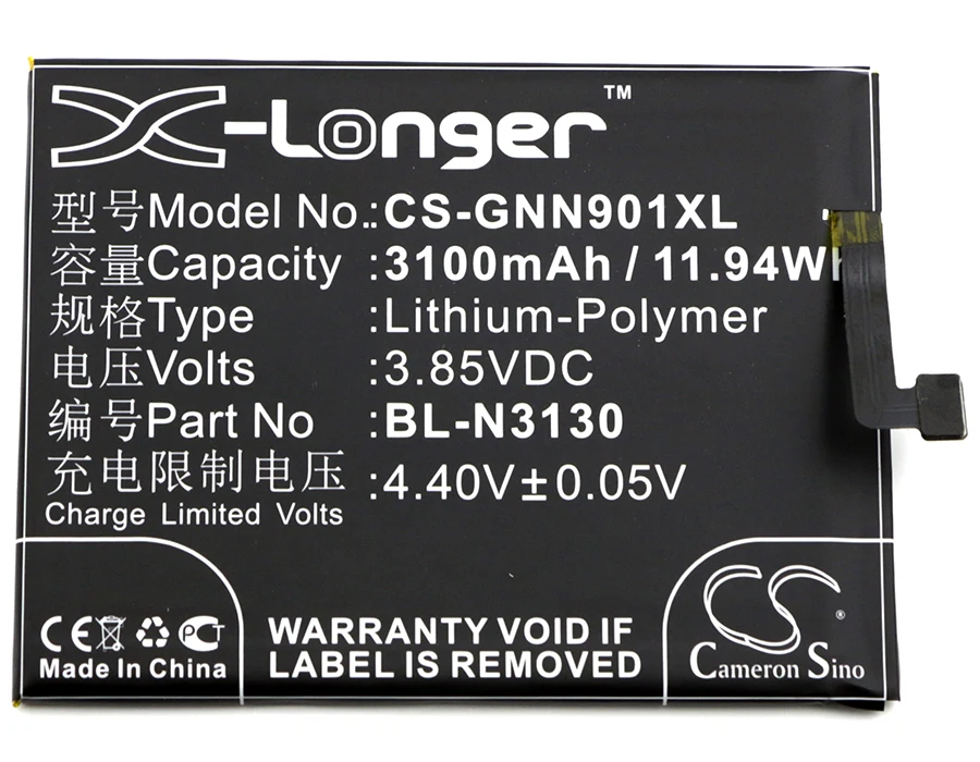 

Аккумулятор Cameron Sino на 3100 мА · ч для GIONEE Elife S6 Pro, Elife S6 Pro, с двумя SIM-картами, BL-N3130 I, GN9012, GN9012L, S6 Pro