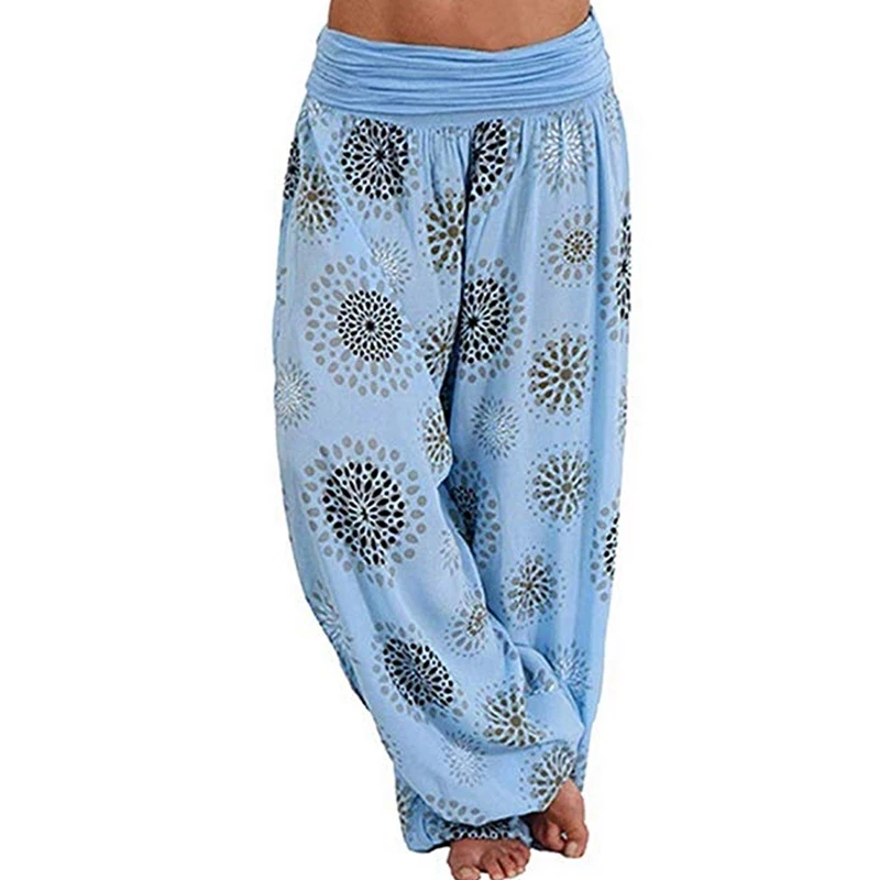 light blue NIBESSER Summer Beach Bohemian Pants Women High Waist Pants Plus Size Vintage Loose Print Bloomers Floral Trousers Women - Цвет: light blue