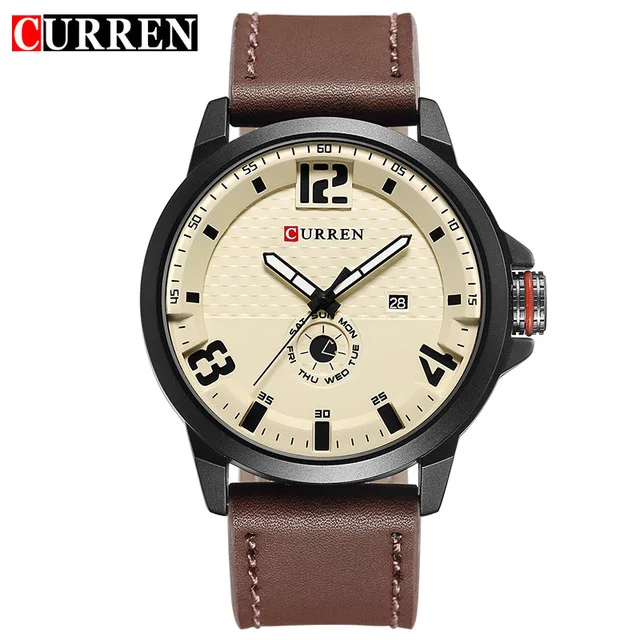 brown white Curren Роскошные, брендовые военные часы Мужские кварцевые аналоговые 3D кожаные часы мужские спортивные часы армейские часы Relogios Masculino - Цвет: brown white