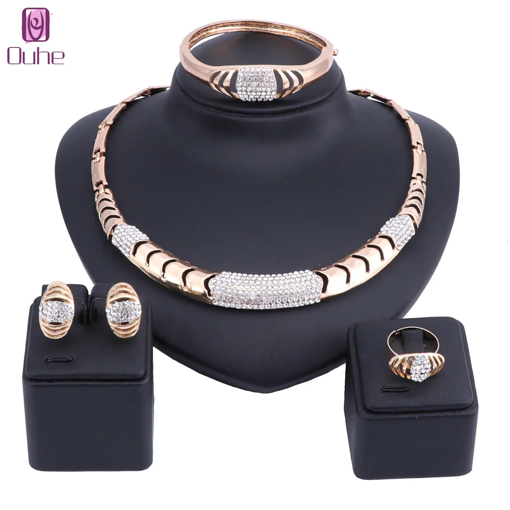 Women Dubai Gold Color Crystal Jewelry Sets Costume Design Brand Nigerian Wedding Necklace Ring Fashion African Beads | Украшения и