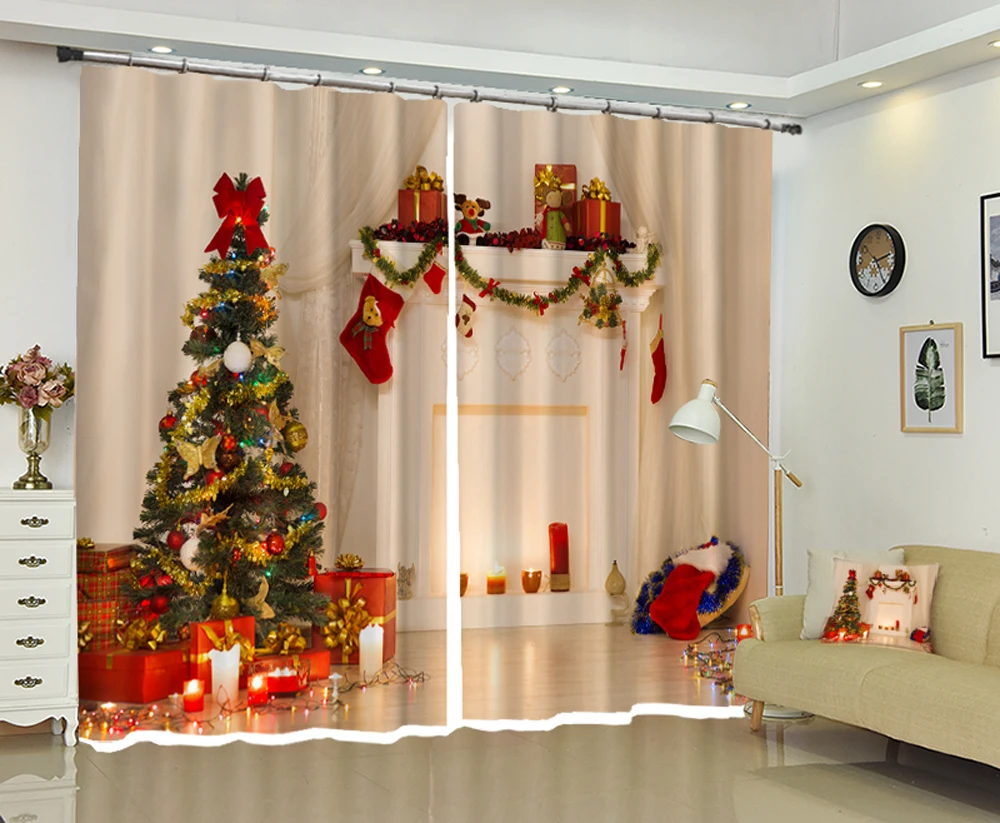 

Golden Christmas gift 3D Window Curtains Living Room Blackout Hotel Bedroom decorate Drapes Cortina Rideaux pillowcase