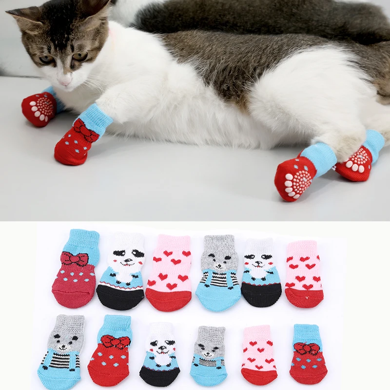 4ks boty pantofle protiskluzové ponožky mazlíček roztomilý indoor pro malé psy a kočky ponožky do sněhových bot
