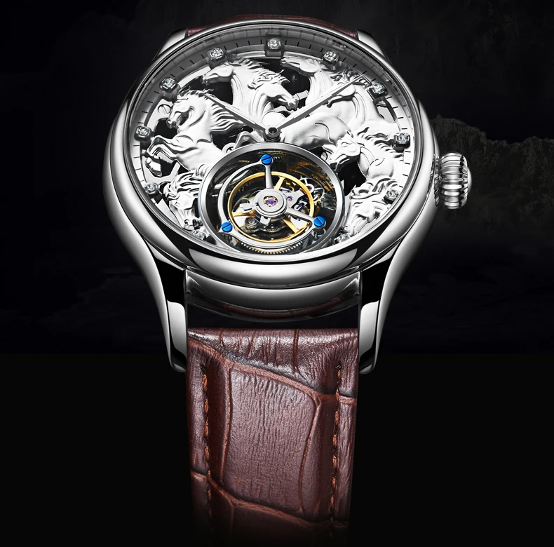 Топ бренд для мужчин Tourbillon механические часы Зодиак лошадь Скелет 24 К золото кожа для мужчин s Чайка Tourbillon часы Поддержка на заказ