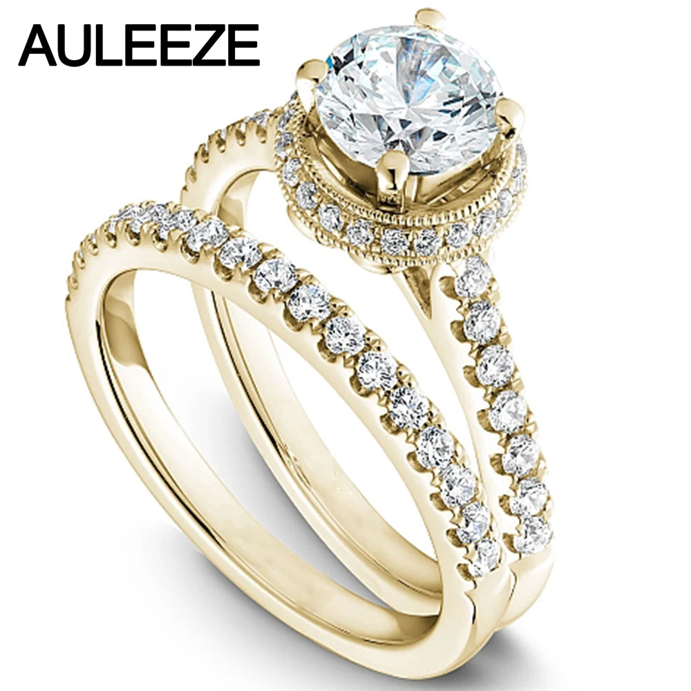 

Modern Halo Round 1 Carat Moissanites Bride Wedding Ring Set Solid 14K 585 Yellow Gold Engagement Rings For Women Fine Jewelry