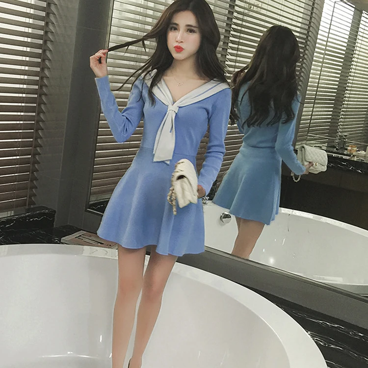 Весенние кружевные свитер платье V воротник тонкая талия зонтик военно-морского