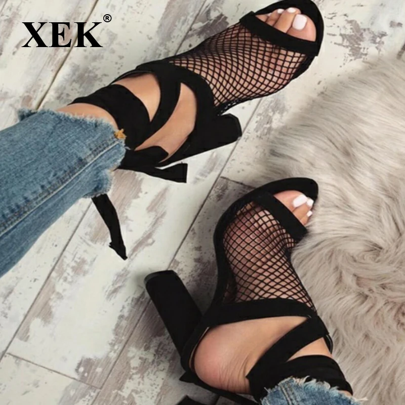 

XEK Women Pumps 2018 spring/summer European sexy shoes women with mesh gauze high heel thick women sandals Size 35-43 ZLL522