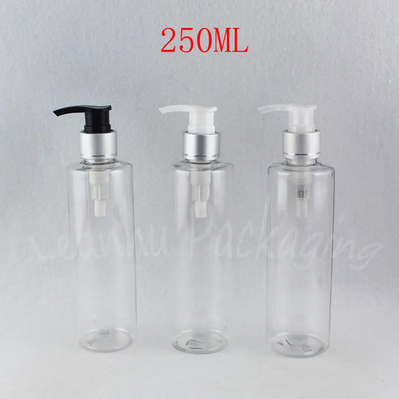 250ML Transparent Plastic Bottle With Silver Lotion Pump , 250CC Empty Cosmetic Container , Lotion / Shampoo Sub-bottling