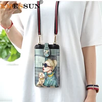 xmessun cartoon print cell phone bag fashion women card package card leather wallets women hanging neck credit card holder f169