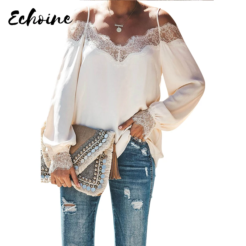 Белая/Черная кружевная блузка с V образным вырезом и открытыми плечами|Блузки| |