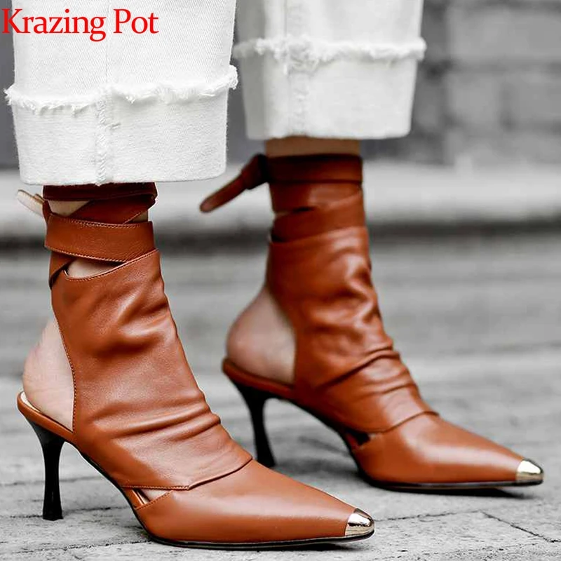 Krazing Pot/2019 натуральная кожа Ботильоны на шнуровке Обувь высоком каблуке-шпильке