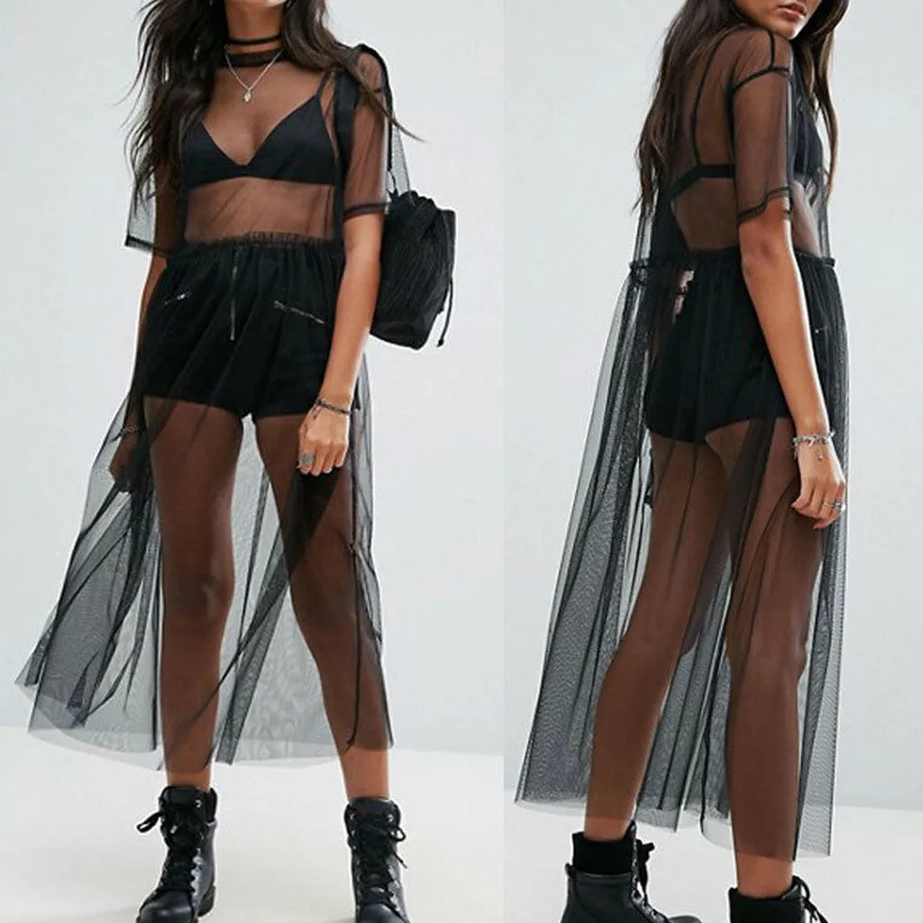 Модное женское платье однотонное сексуальное с o-образным вырезом Сетчатое