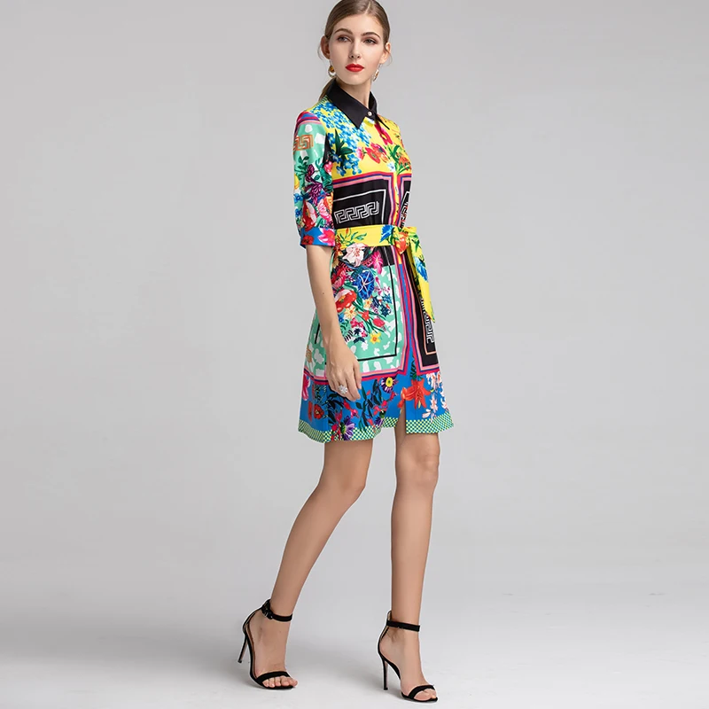 XF Bohemian 2019 модные дизайнерские с отворотом рукавом 1/2 цветочный принт + пояс летние