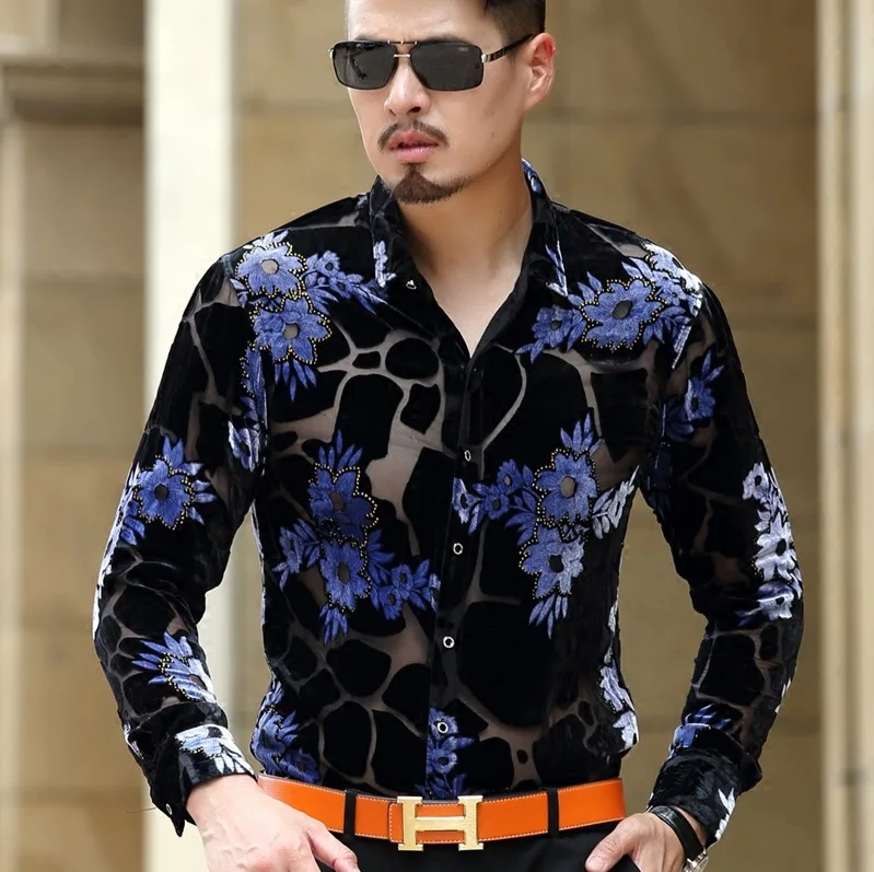 Мужские прозрачные рубашки с леопардовым принтом в стиле барокко мужские