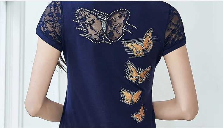 Женские 4XL Лето бриллиантами футболка с бабочкой Для женщин Кружева стразы леди футболка Camisetas Mujer печати Для женщин s футболки