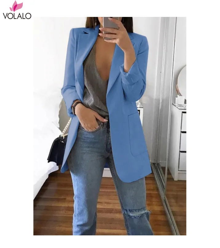 

2020 New Spring Women Blazer Long Sleeve Open Front Lightweight Casual Office Lapel Turn Down Collar Slim Jacket Outwear Female