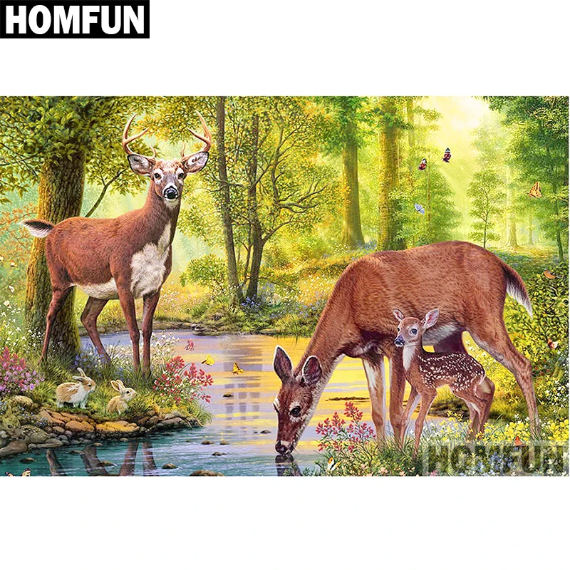 

Алмазная 5D Вышивка HOMFUN A06582, полноразмерная/круглая картина «Лес олень», вышивка крестиком, домашний декор, подарок