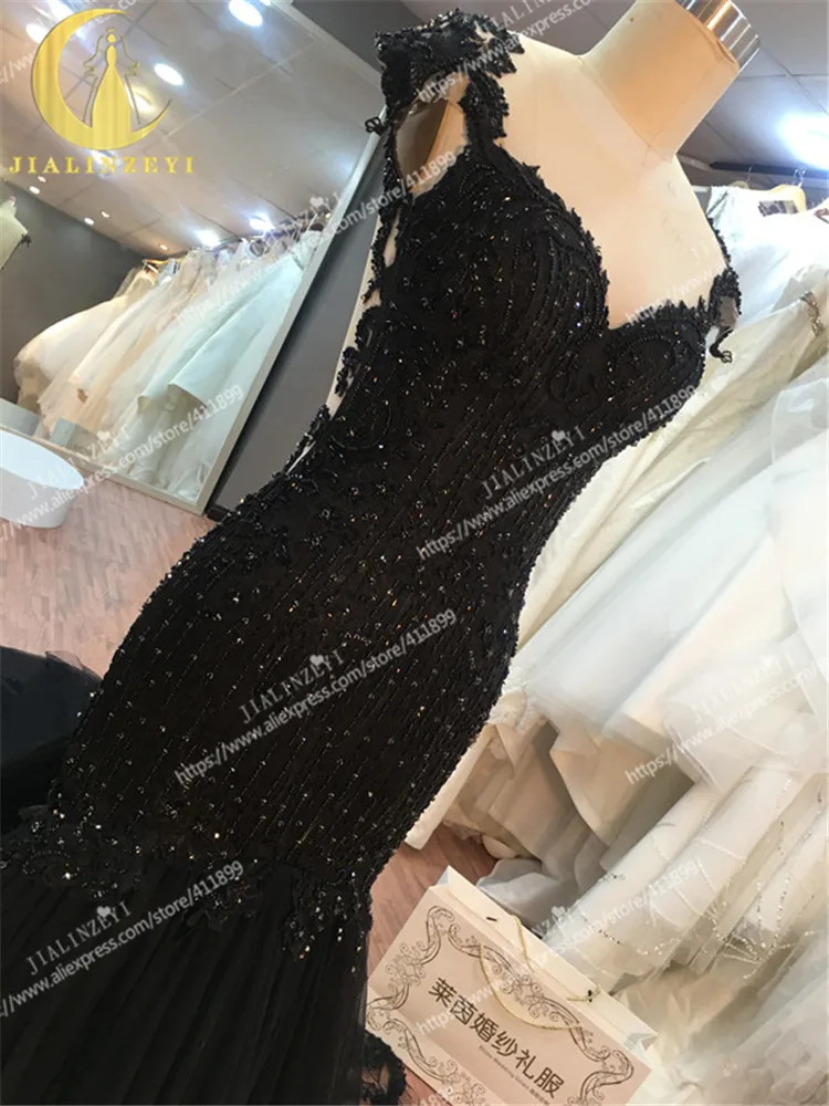 Rhine Real Sample Image Black Lace with Crystal Mermaid Sexy Backless High Quality Gown Party Dresses Evening Dresses