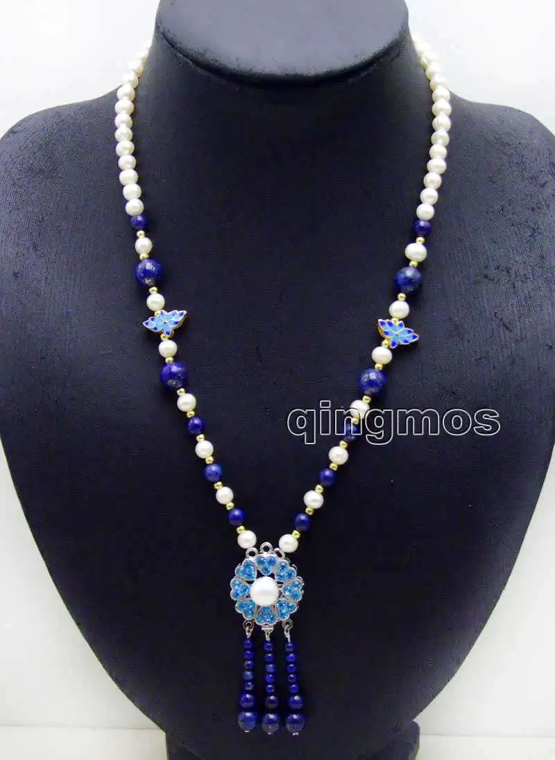 Продажа 6-7 мм белый круглый натуральный жемчуг и Синий Лазурит 25 синий кулон 20
