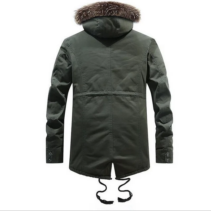 Men Irregular Hem Drawstring Fur Collar Coat Men Brand Fleece Fur Collar Military Parkas Warm Outwear