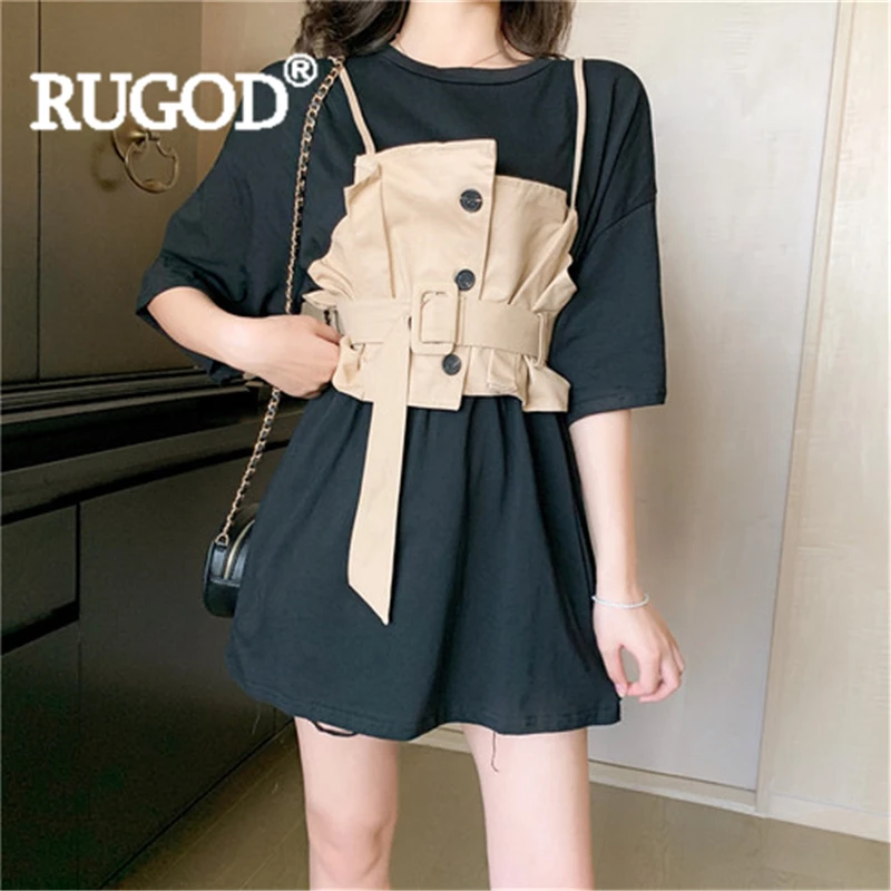 Женская футболка RUGOD однотонная свободная с круглым вырезом + шорты поясом Новое