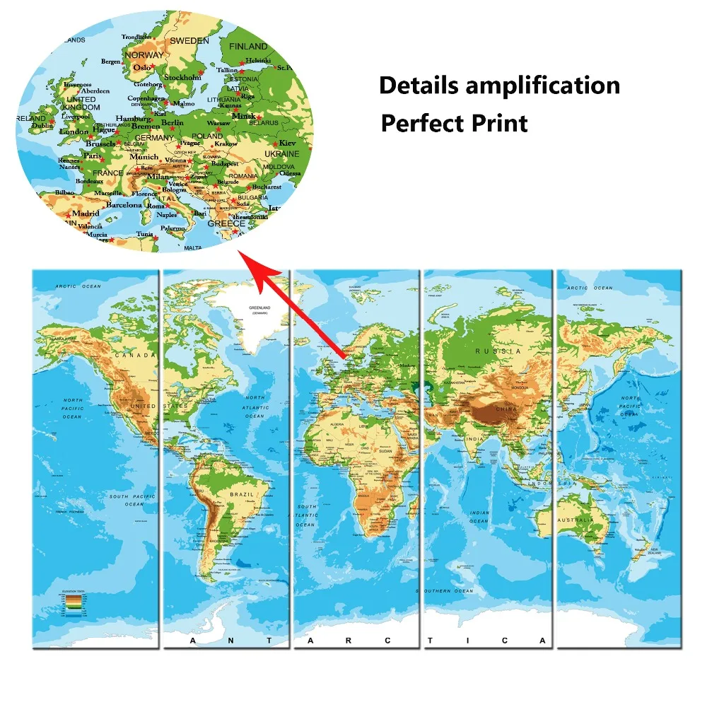 Горячее художественное оформление на 5 панелей Современная синяя карта мира