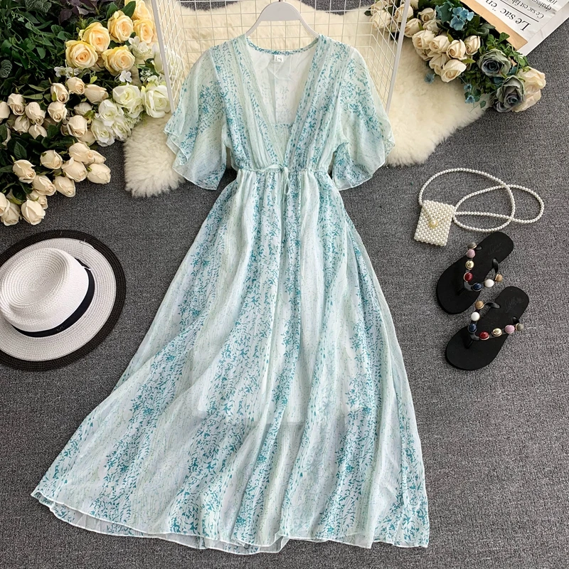 2019 новые модные женские платья Пляжные свежие v-образным вырезом с роговым