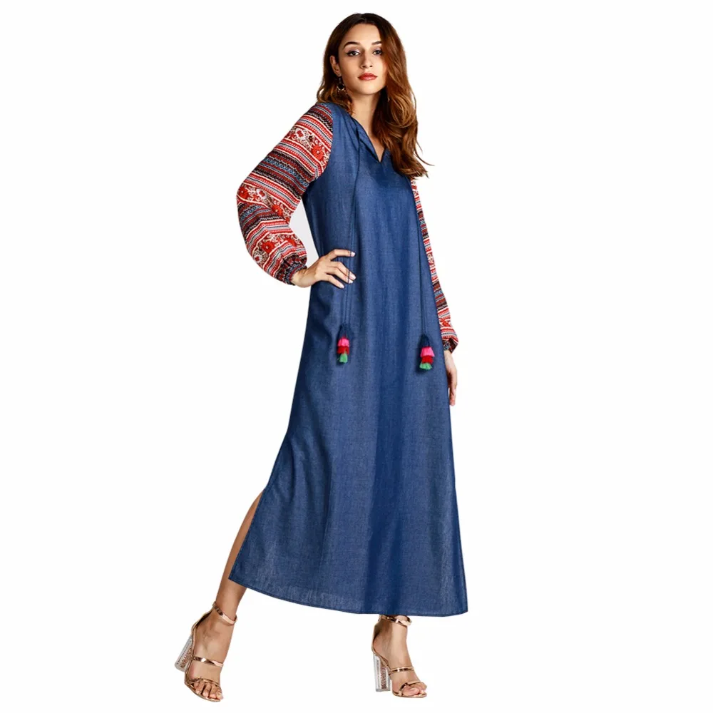 Женское джинсовое длинное платье с вышивкой Abaya синее мусульманское рукавами в
