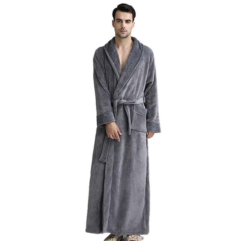 men robe Grey Зимнее плотное теплое женское Коралловое кимоно из рунной шерсти, халат, фланелевая женская ночная рубашка, банное платье, ночное белье, большой длинный халат, M, L, XL, для сна - Цвет: men robe Grey