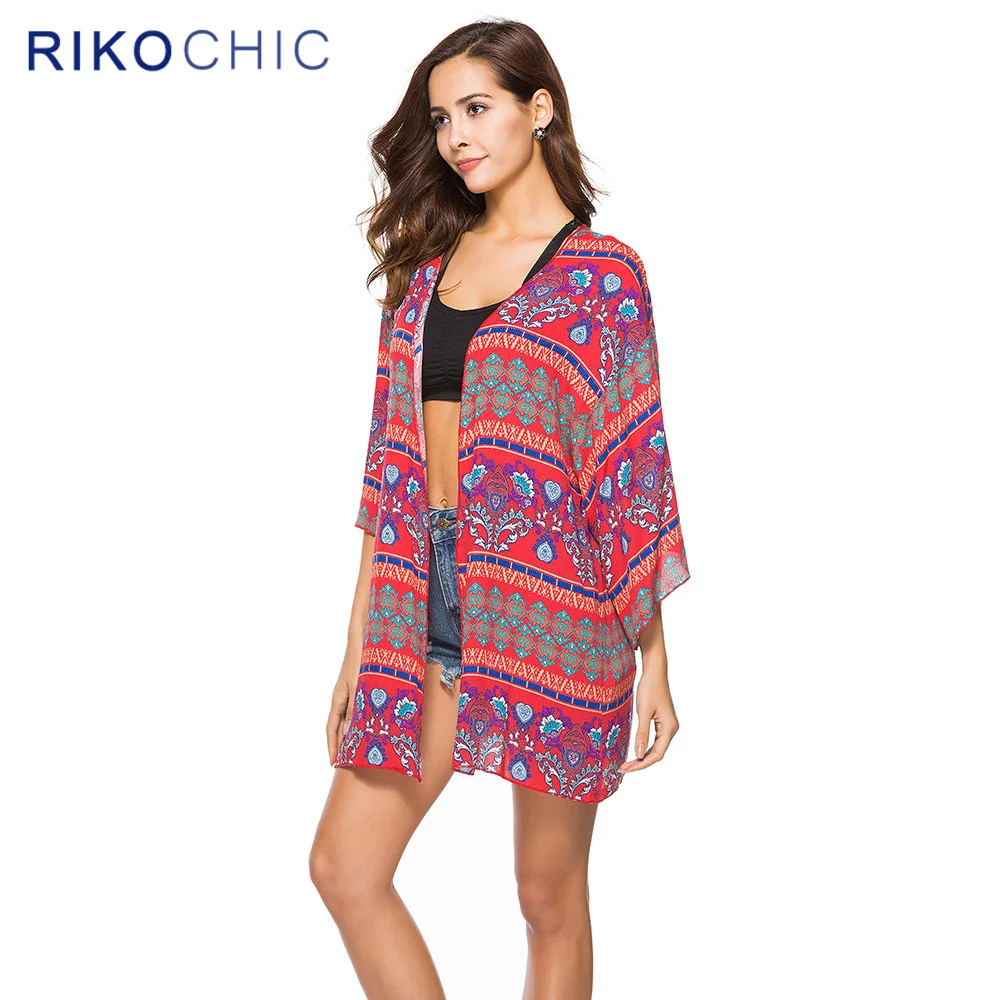 RIKOCHIC Boho Summer Sunscreen Women Tops Beach Gypsy Floral Printed Red Kimono Cardigan Chiffon Blouse C254 |