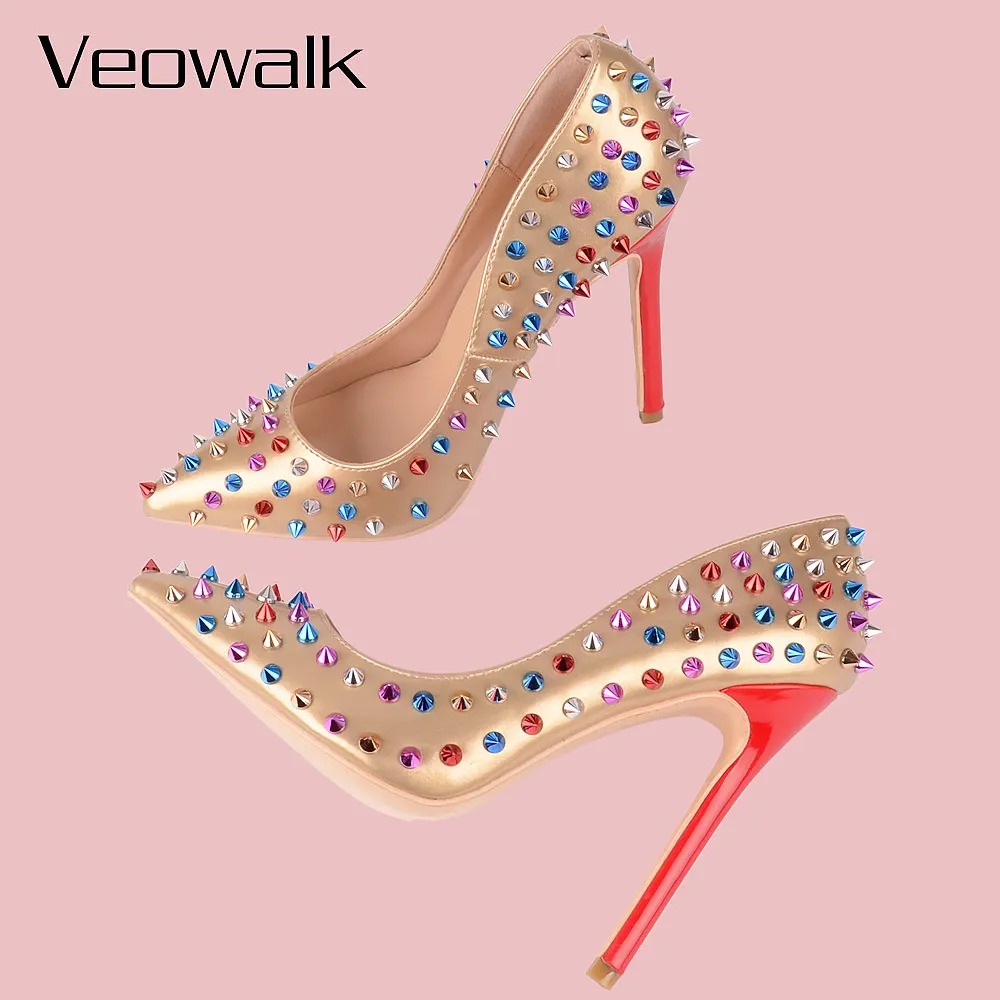 Veowalk/; пикантные женские туфли-лодочки с острым носком и заклепками; обувь на очень высоком ультратонком каблуке; женская модная обувь из лакированной кожи для вечеринок