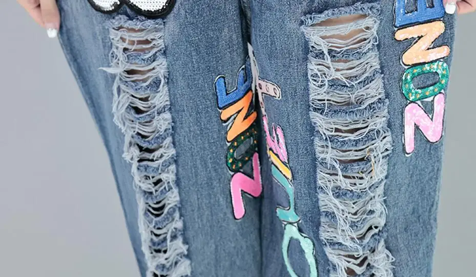 2018 Harajuku Street style women Denim Jeans Cartoon Sequined jean Jumpsuits Colored Letters and Ripped Hole Women Jean s1807 | Женская