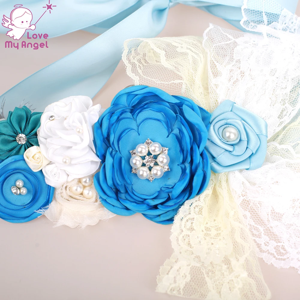 1 шт. синий пояс для беременных атласный с перьями кружевной цветами маленьких