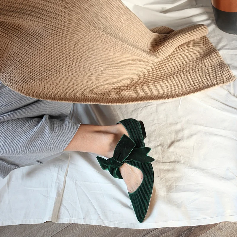 

EGONERY Hepburn Style Sheepskin Leather Corduroy Party Ballet Flats Shoes Summer Spring Good Quality Pointed Toe Women Mules