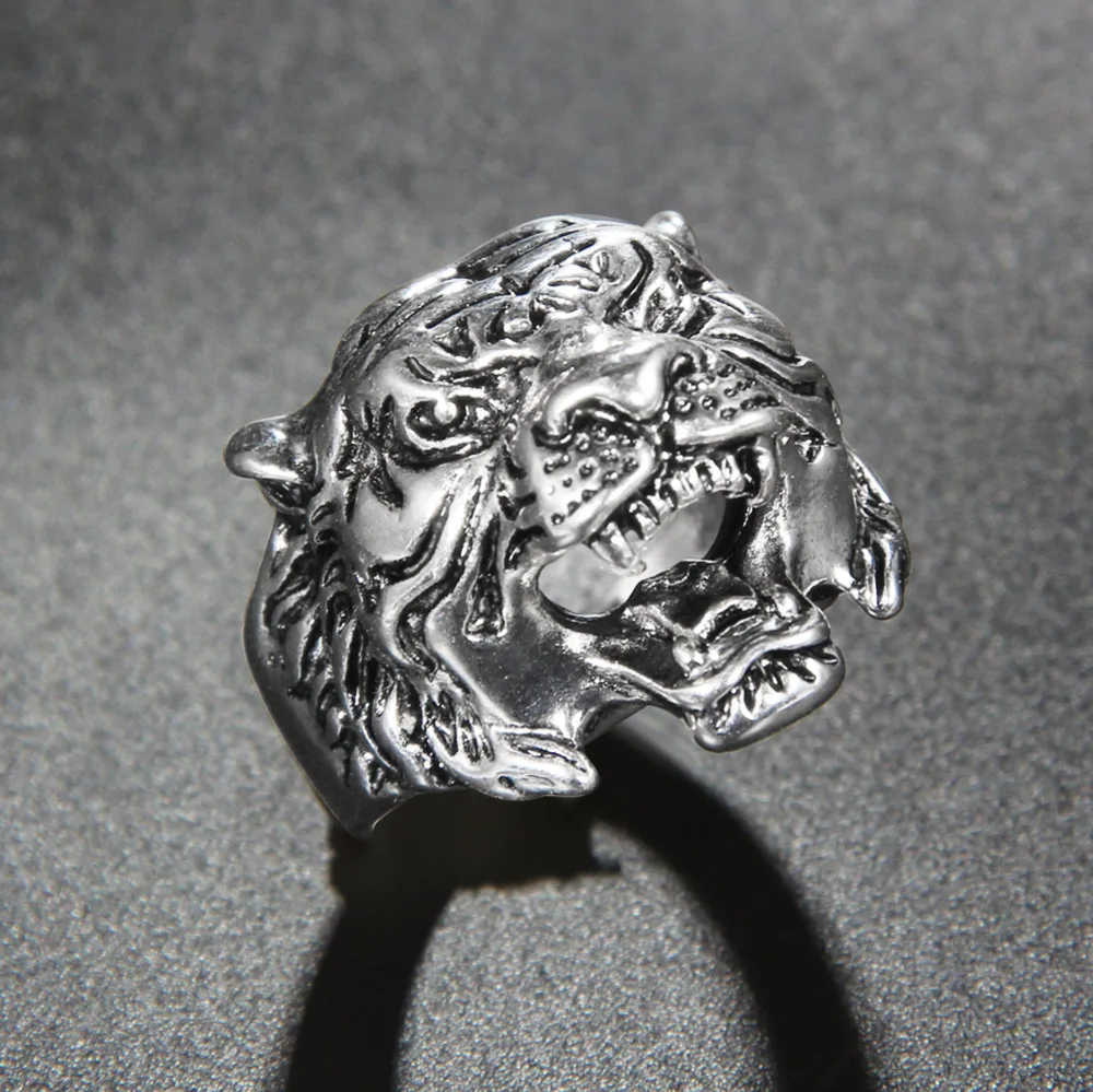 Men's Ring Biker Finger Rings European Gothic Punk Retro Style Animal Tiger Head Antique silver Color Statement For Men | Украшения и